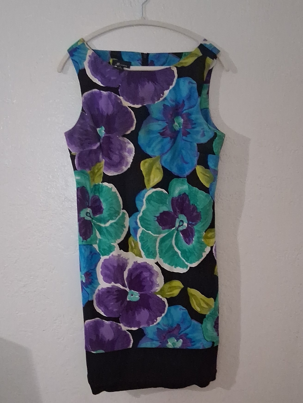 AB Studio Black Midi Dress with Purple and Teal Floral Print sheath round neck